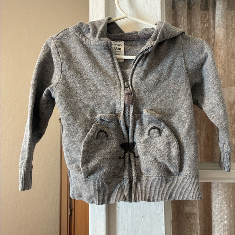 100% Cotton Carter's Gray Hoodie with Animal Face